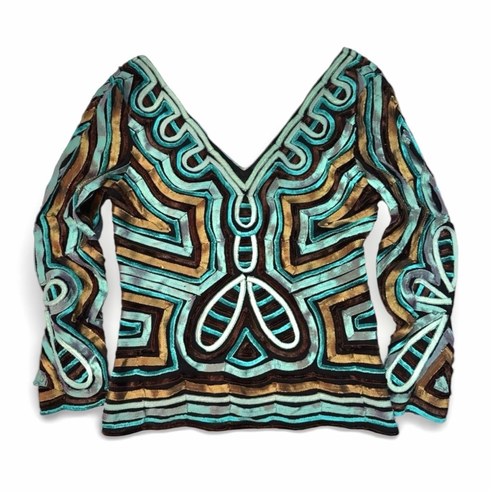 Vintage Cartise Abstract Ribbon Appliqué Top‎ Art To Wear Y2K Sheer Mesh Mediu